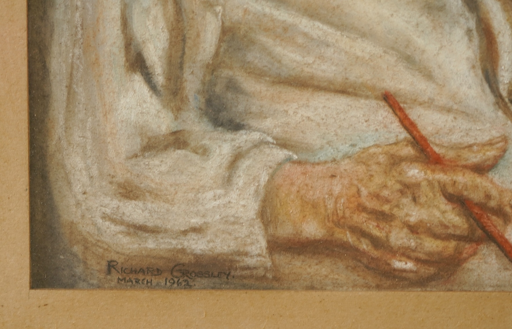 Richard Crossley (20th. C), Portrait of Arthur Spooner, ‘Remember that', signed and dated March 1962, Museum and Art Gallery of Nottingham inscribed label verso, pastel, together with photograph of the sitter at work, 30